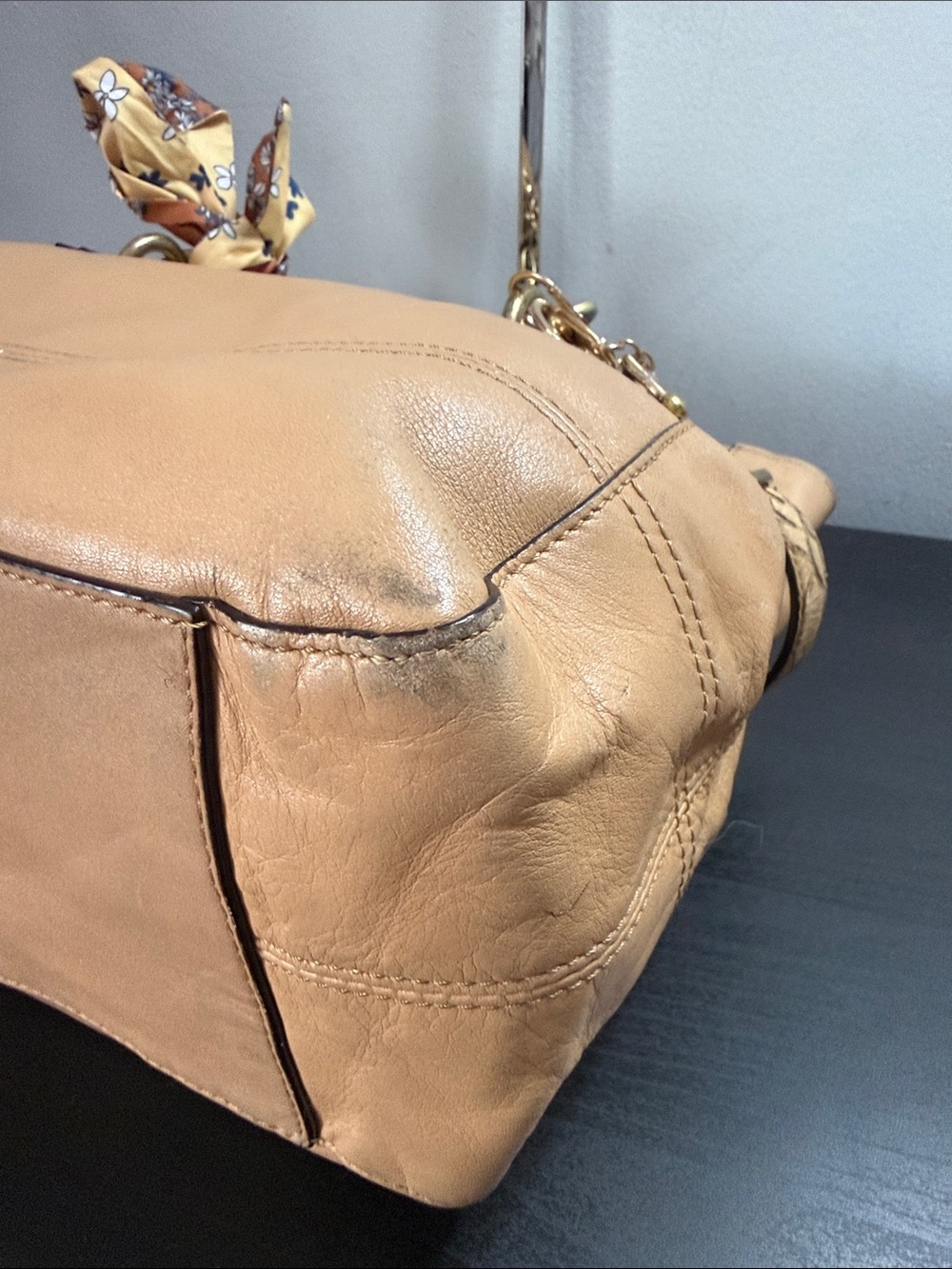 Coach Tan Leather Shoulder Bag with Floral Scarf Accent - Picture 11 of 16